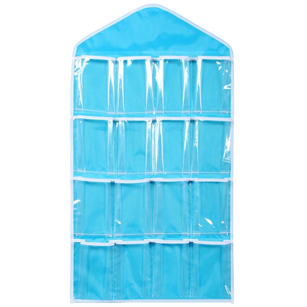 Wall Hanging Storage Bag,IEason 16Pockets Clear Hanging Bag Socks Bra Underwear Rack Hanger Storage Organizer (Blue)