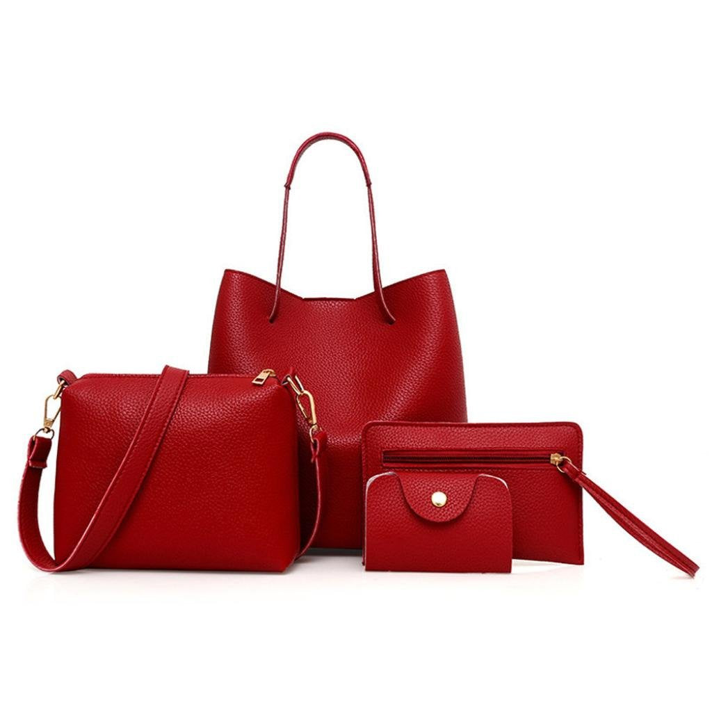 Joint 4 Pcs Package,Clearance Sale! AgrinTol Women Pattern Leather Handbag+Crossbody Bag+Messenger Bag+Card Package (Red)