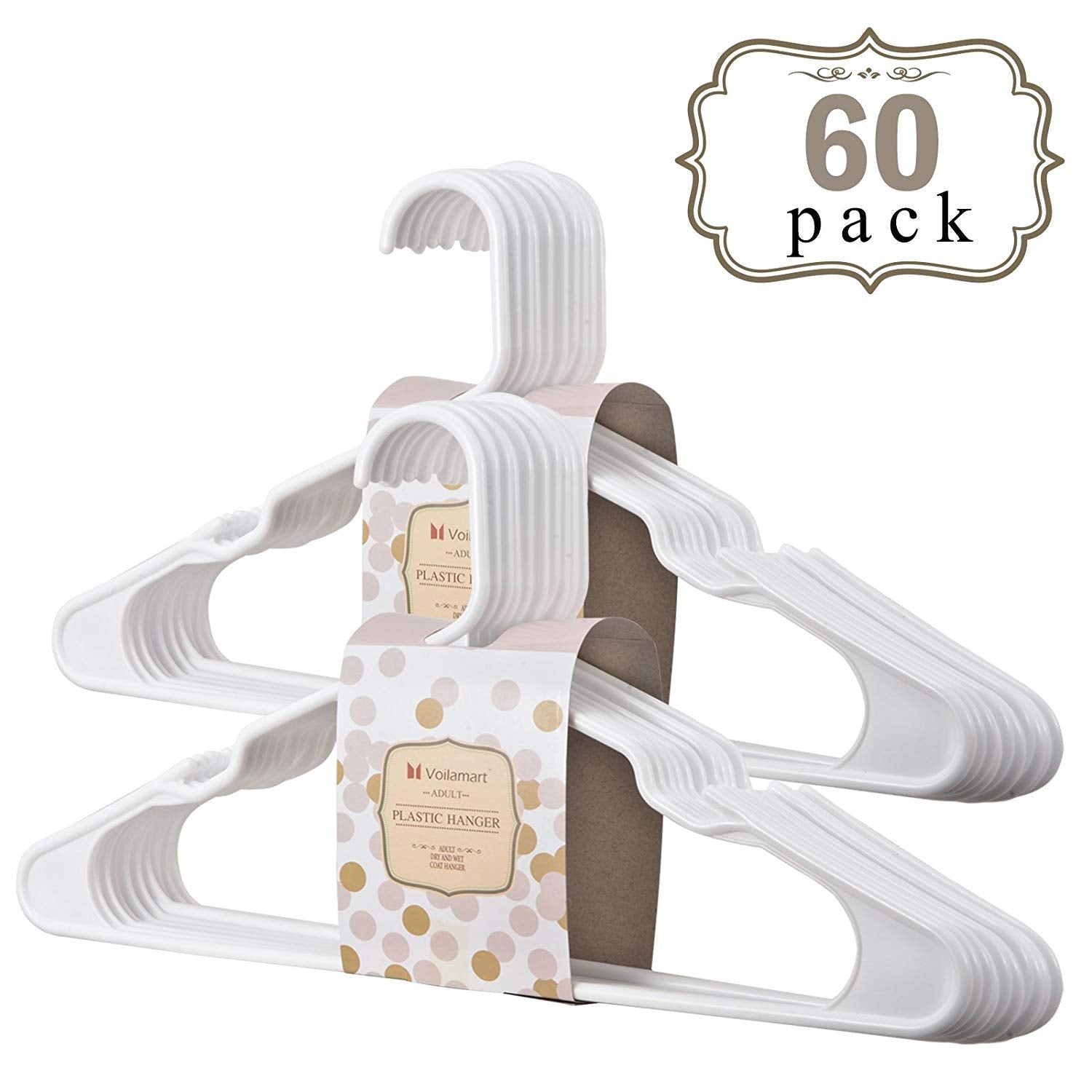 Voilamart Plastic Clothes Hangers Pack of 60, Adult Size Hanger with Trouser/Skirt/Bar Hooks, Perfect for Shirt Coat Dress Suit, 16.3", White
