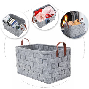 Woven Storage Basket, Essort Grey Felt Clothes Storage Box, Woven Storage Bin, Firewood Basket, Garment Basket with Handle for Toys, Newspaper, Shopping, 17.3'' x 11.8'' x 10.2''