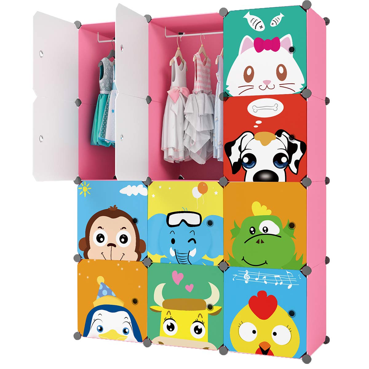 KOUSI Portable Kids Wardrobe Closet Children Dresser Hanging Storage Rack Clothes Closet Bedroom Armoire Cube Organizer Formaldehyde-Free Furniture (Pink, 8 Cubes&2 Hanging Sections)