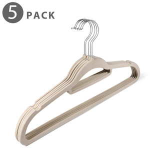 Flexzion Velvet Hanger - Non Slip Dress Hanger with Accessory Bar Space Saving, Strong and Durable with 360 Degree Swivel Hook, Contoured Shoulder for Shirts Clothes Coat Suit Pants (5 Pack, Ivory)