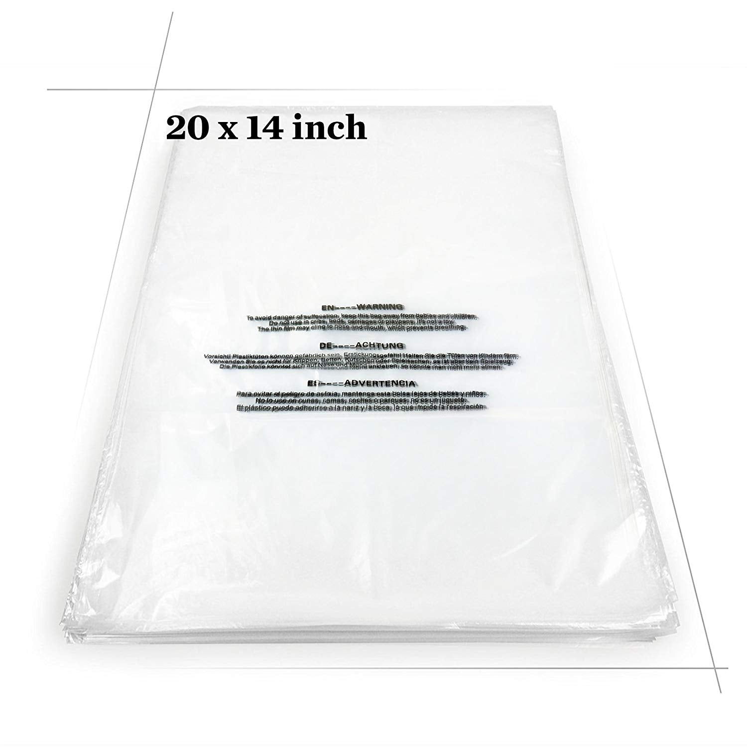 Becko Self Seal Clear Flat Poly Bags with Suffocation Warning for Storing Clothing/Towel/Blanket/Doll (14”x20”) - 100pcs