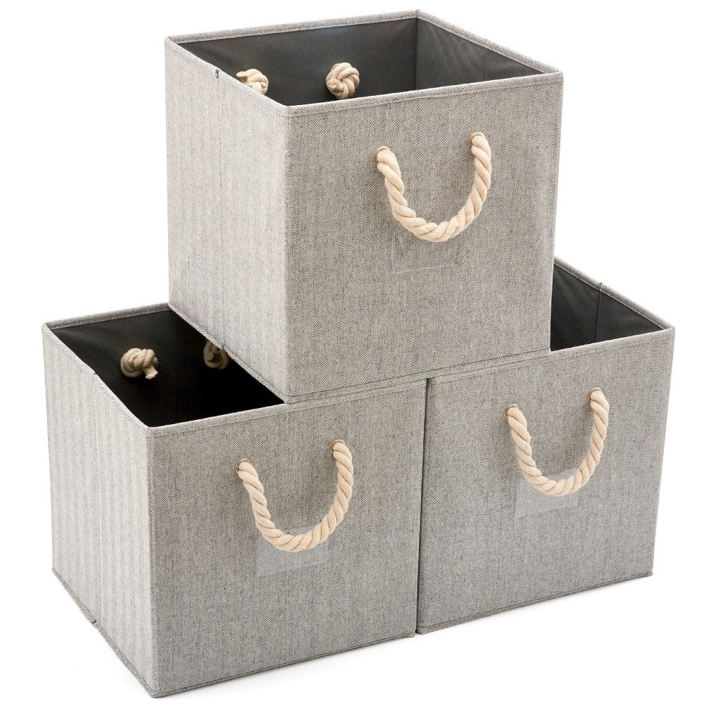 EZOWare [Set of 3] Foldable Fabric Storage Cube Bins with Cotton Rope Handle, Collapsible Resistant Basket Box Organizer for Shelves Closet Toys and More – Gray 13x13x13 inch