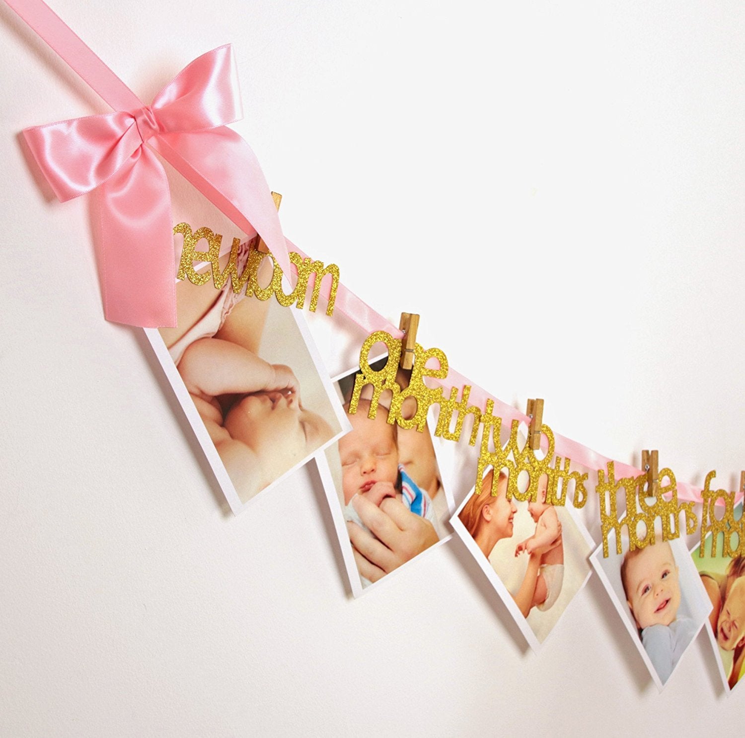 Tink Party Newborn to 12 Months Photo Banner | Big Pink Bows Shimmering Gold Glitter Wordings Highest Quality First Birthday Decorations
