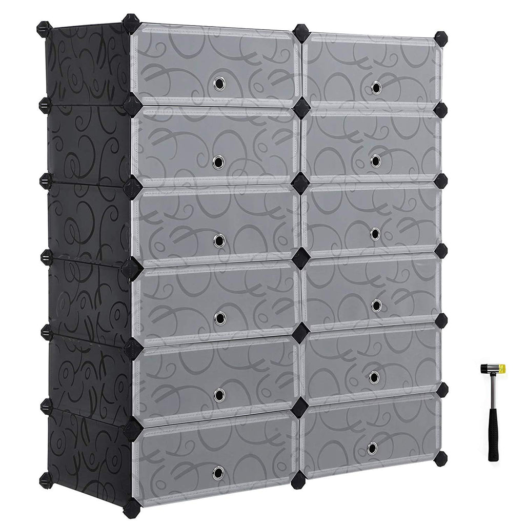 SONGMICS Shoe Rack, DIY Plastic Storage Organizer,Modular closet cabinet with Doors, Black ULPC26H