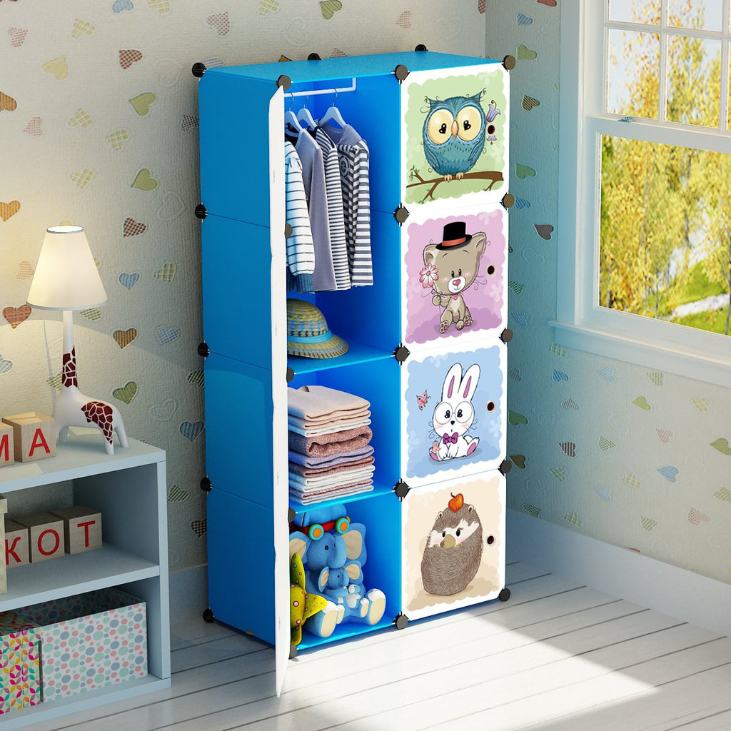 MAGINELS Portable Kid Organizers and Cute Baby Storage Organizer Clothes Wardrobe Cube Closet MultiFuncation Bedroom Armoire Children Dresser Rack Blue Forest Animal 6 Cube &1 Hanging Section