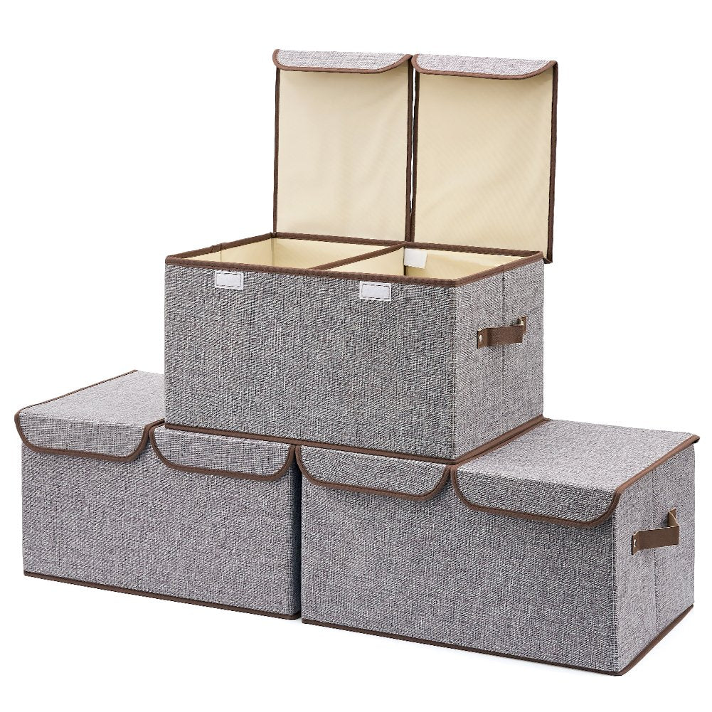 Large Storage Boxes [3-Pack] EZOWare Large Linen Fabric Foldable Storage Cubes Bin Box Containers with Lid and Handles for Nursery, Closet, Kids Room, Toys, Baby Products (Gray)