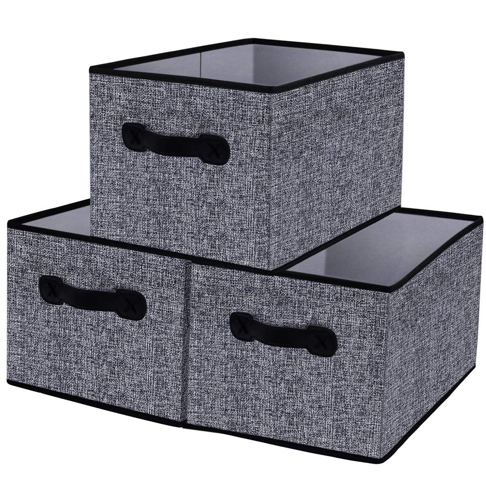 Homyfort Cloth Collapsible Storage Bins Cubes 15.7"x11.8"x9.8", Linen Fabric Basket Box Cubes Containers Organizer for Closet Shelves with Leather Handles Set of 3 Grey