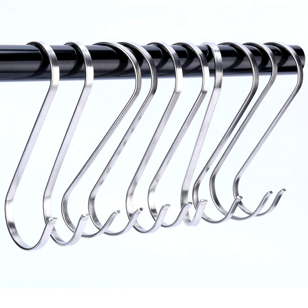 YaeKoo 10Pcs Heavy-Duty Stainless Steel Flat S Shaped Hanging Hooks Kitchen Hangers Bathroom Towels Hat Hooks&Large