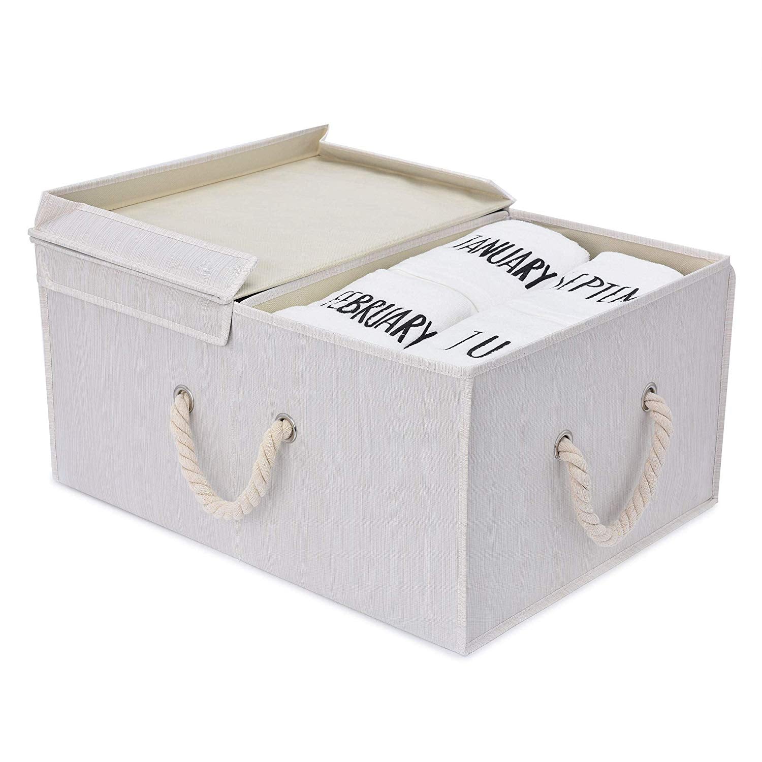StorageWorks Storage Box with Lid and Strong Cotton Rope Handle, Foldable Clothes Closet Organizer, Mixture White, Bamboo Style, Jumbo, 65L Huge Capacity