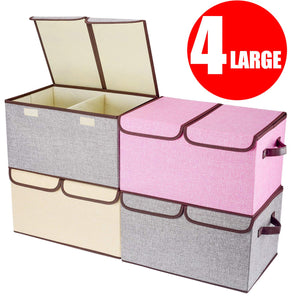 Larger Storage Cubes [4-Pack] Senbowe Linen Fabric Foldable Collapsible Storage Cube Bin Organizer Basket with Lid, Handles, Removable Divider For Home, Office, Nursery, Closet - (17.7 x 11.8 x 9.8”)