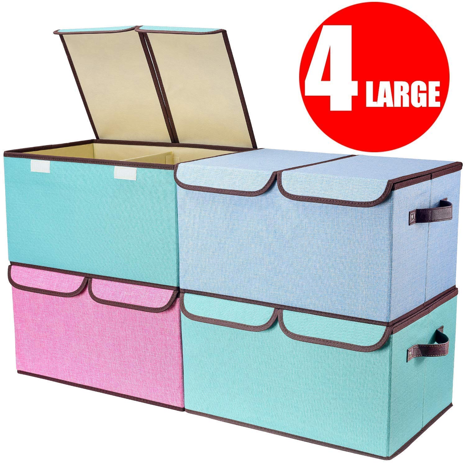 senbowe Larger Storage Cubes [4-Pack] Linen Fabric Foldable Collapsible Storage Cube Bin Organizer Basket with Lid, Handles, Removable Divider for Home, Office, Nursery, Closet - (17.7 x 11.8 x 9.8”)
