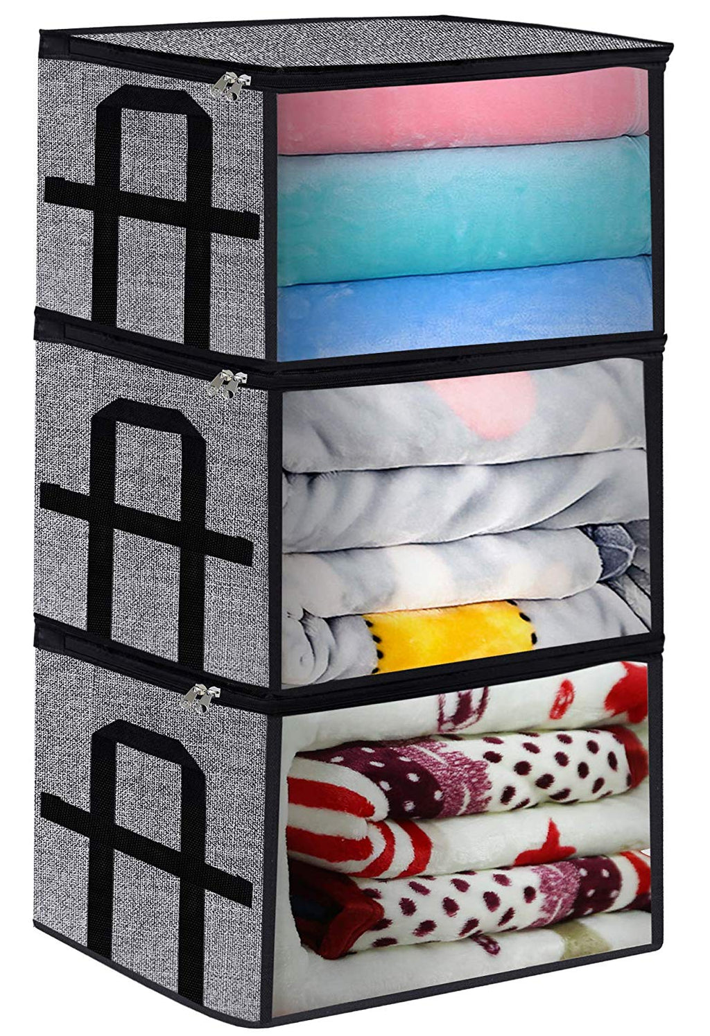 Foldable Large Comforter Storage Bags Organizers, Breathable Linen Closet Organizers for Blankets, Clothes, Create Extra Storage with Clear Window, Set of 3 Black with Printing