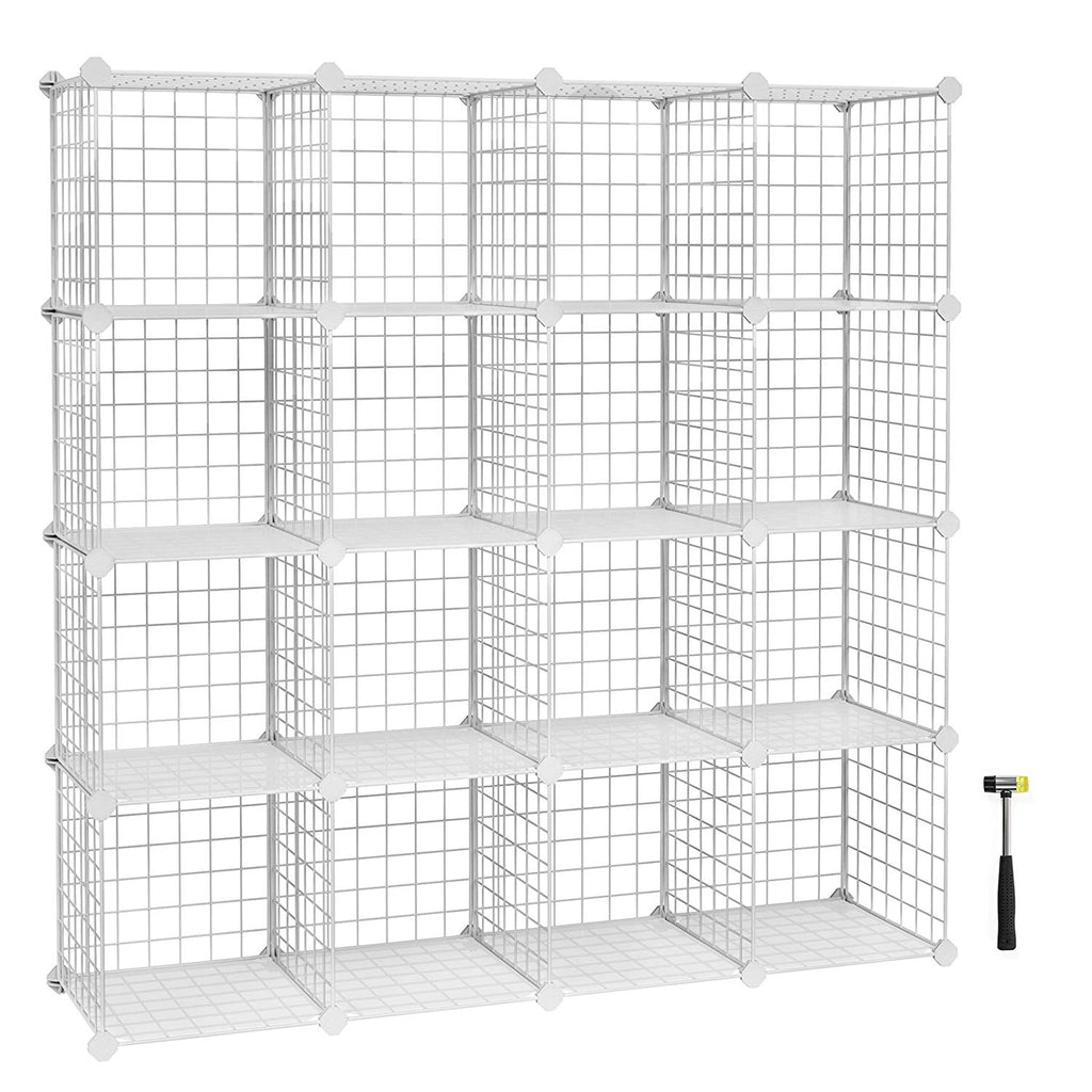 SONGMICS Metal Wire Cube Storage,16-Cube Shelves Organizer,Stackable Storage Bins, Modular Bookcase, DIY Closet Cabinet Shelf, 48.4”L x 12.2”W x 48.4”H, White ULPI44W