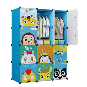 KOUSI Portable Kids Wardrobe Closet Children Dresser Hanging Storage Rack Clothes Closet Bedroom Armoire Cube Organizer Formaldehyde-Free Furniture (Blue, 8 Cubes&2 Hanging Sections)
