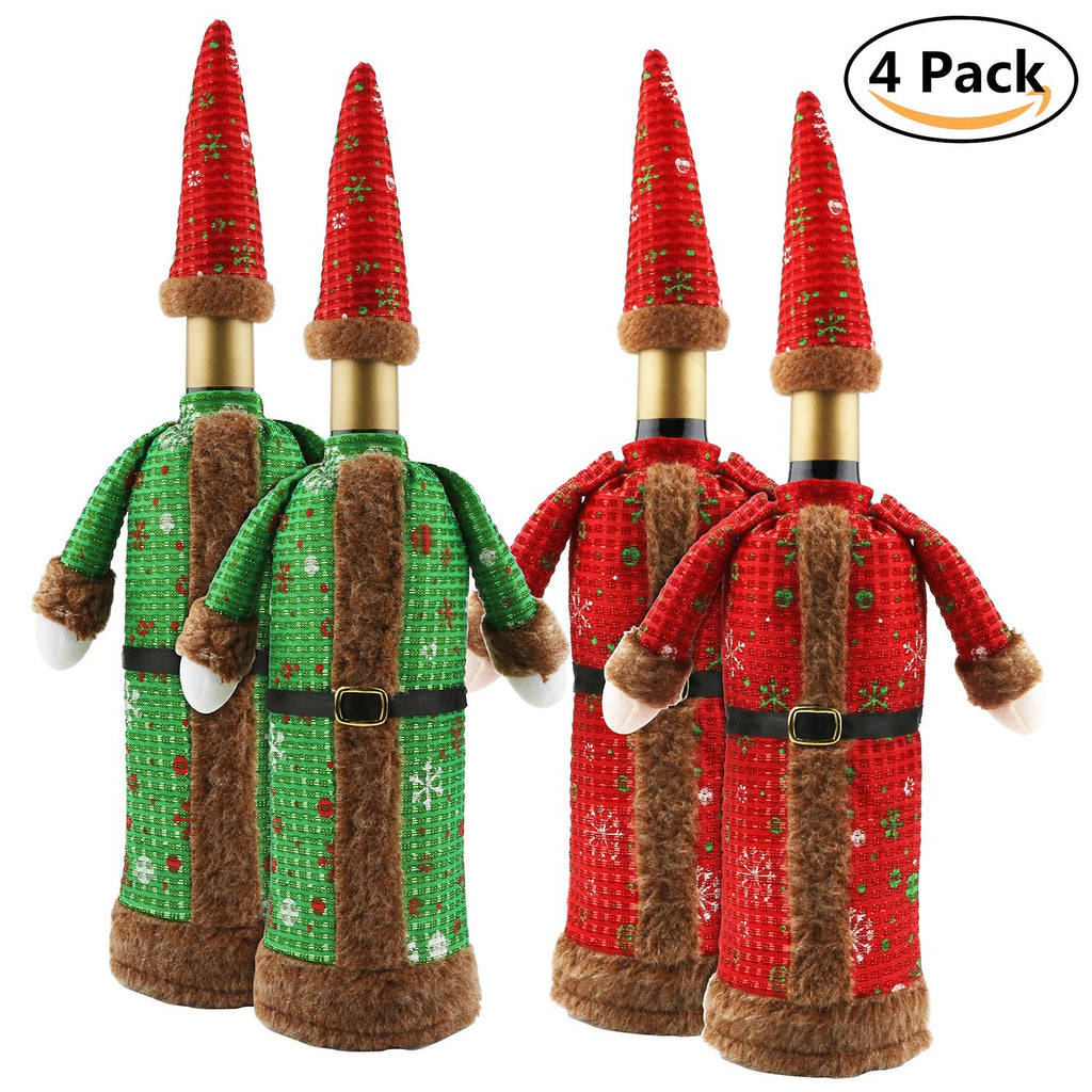 Christmas Wine Bottle Cover Bags Creative Mini Robe Hat Wine Bottle Decoration Bag Dinner Party Table Decor Xmas New Year Gift Pack of 4