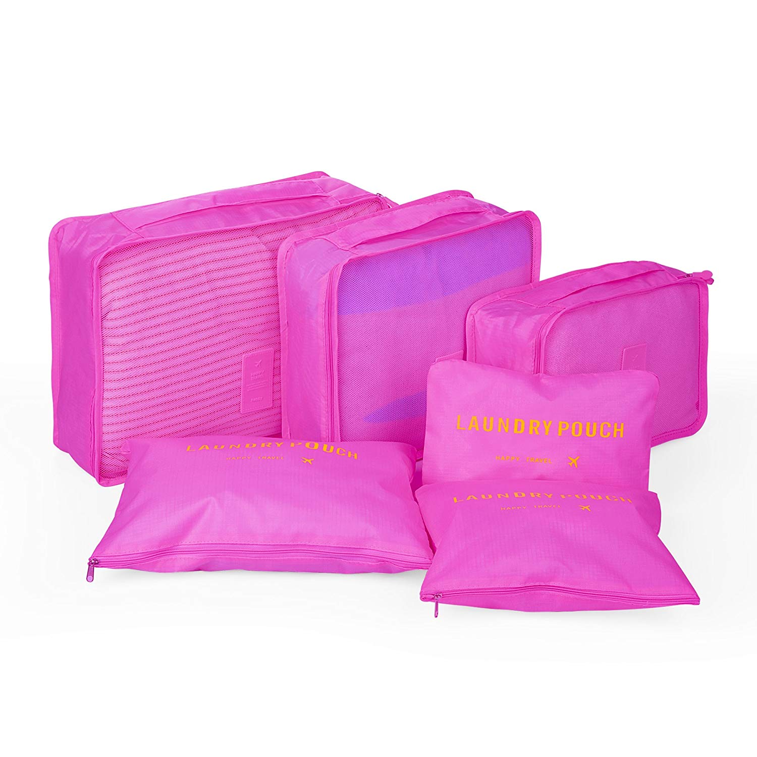 Yoonsic 6 Sets Packing Cubes for Travel/Trip - 3 Cubes + 3 Pouches + 4 Bonus Vacuum Bags - Organizers for Carry-on Luggage Clothing and Accessories (rose red)