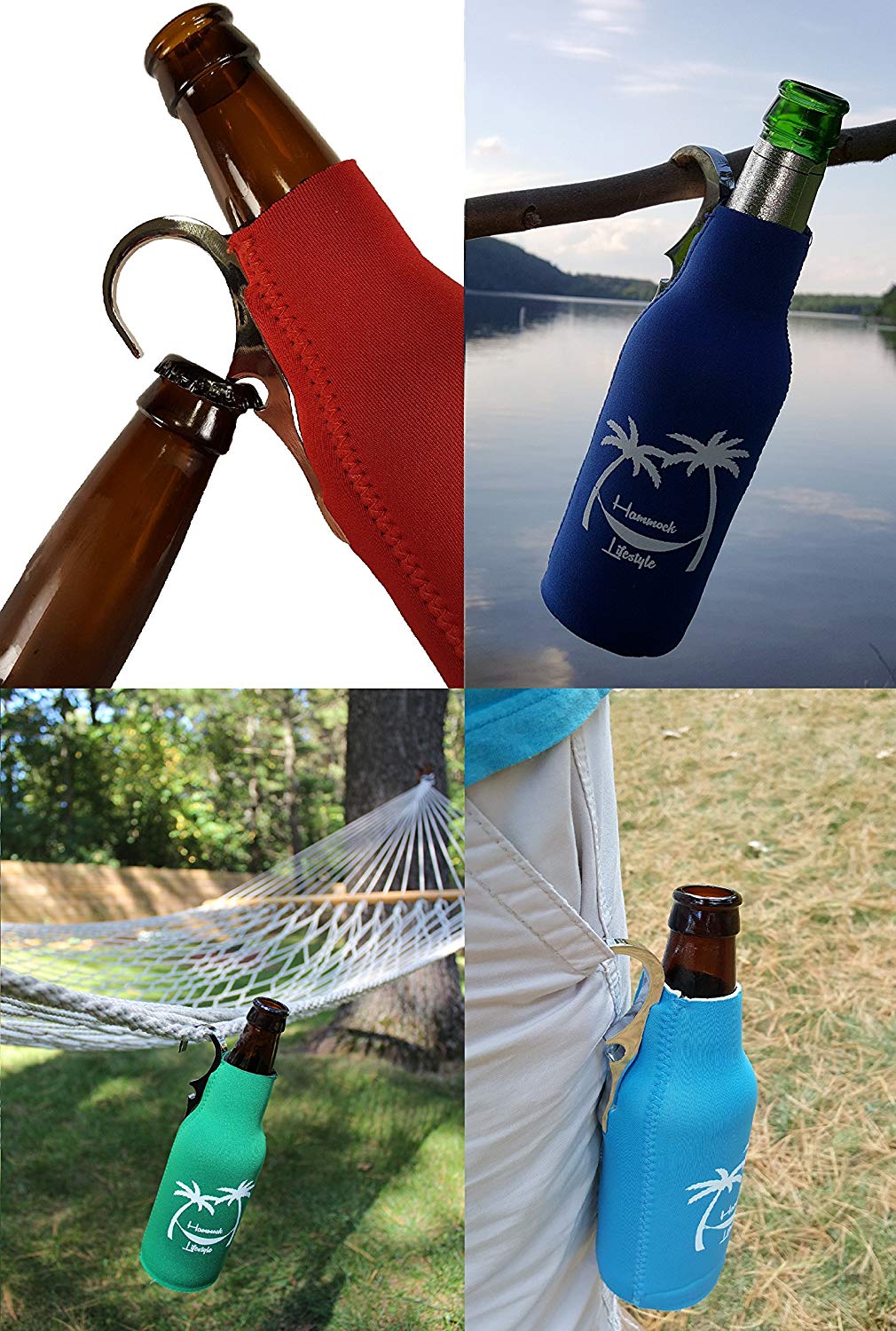 CoozieClaw Unique Bottle Cooler with Built in Hook and Bottle Opener Fun Gift #1 Hanging Bottle Holder Easily Hang Your Cold Beer Bottle Sleeve Anywhere (1, Blue With Logo)