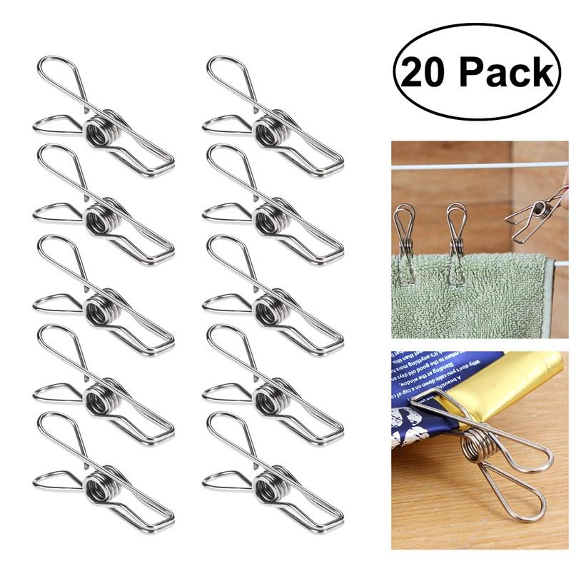 ROSENICE 20pcs Multipurpose Stainless Steel Clips Clothes Pins Pegs Holders