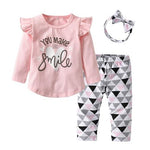 3Pcs Newborn Baby Girl Clothes Pink Sleeve Ruffle Tops+Geometric Pants+Headband Infant Toddler Baby Girls Clothing Set