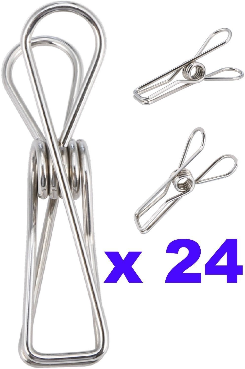 Laundry Clothes Pins - Clothesline Clips - Travel Clothes Line Stainless Steel Wire Metal Laundry Clip - Set Of 24 Indoor Outdoor Hanger Clamps - Chip Bag Clips - Office Binder by Pro Chef Kitchen Tools